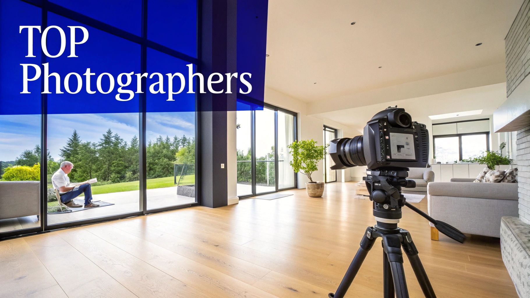 A professionally photographed modern living room with large windows showing a scenic view