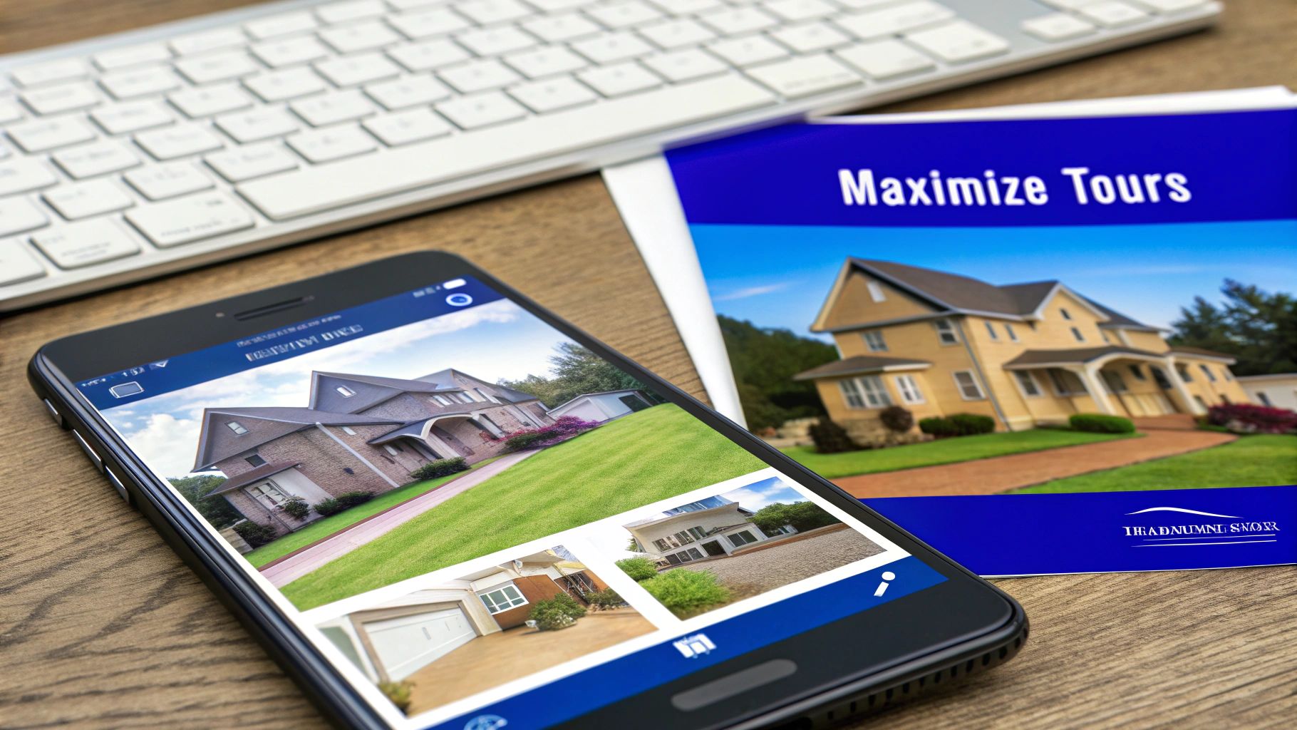 A person using a tablet to navigate a 3D Matterport tour of a modern living room, demonstrating the interactive nature of virtual property marketing.