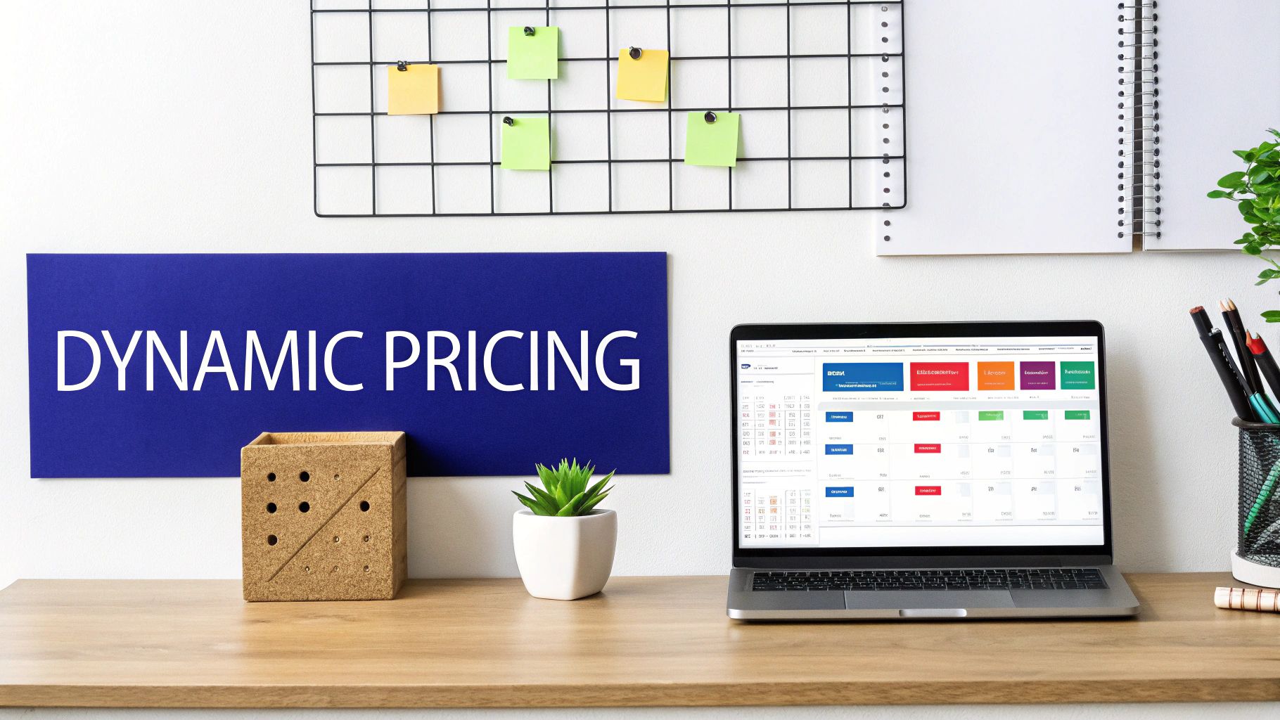 A modern desk setup with a laptop displaying a dynamic pricing interface, a 'DYNAMIC PRICING' sign, and office essentials.