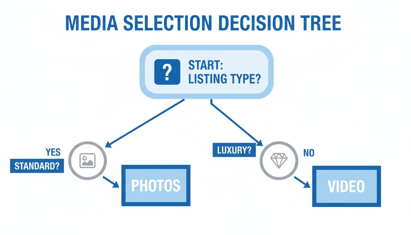A Guide to Winning with Real Estate Video Marketing 3 A media selection decision tree for real estate listings, guiding users to choose photos or video.