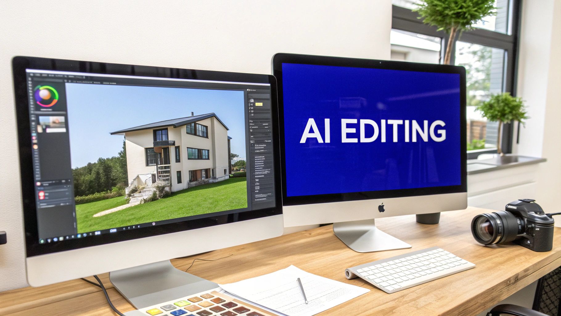 A photographer using a modern camera to capture real estate visuals