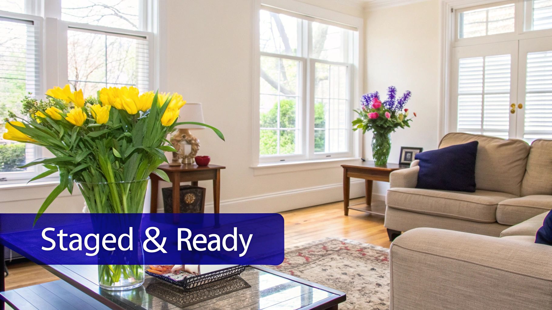 A Guide to Winning with Real Estate Video Marketing 4 A bright and beautifully staged living room with a sofa, fresh flowers, and large windows.
