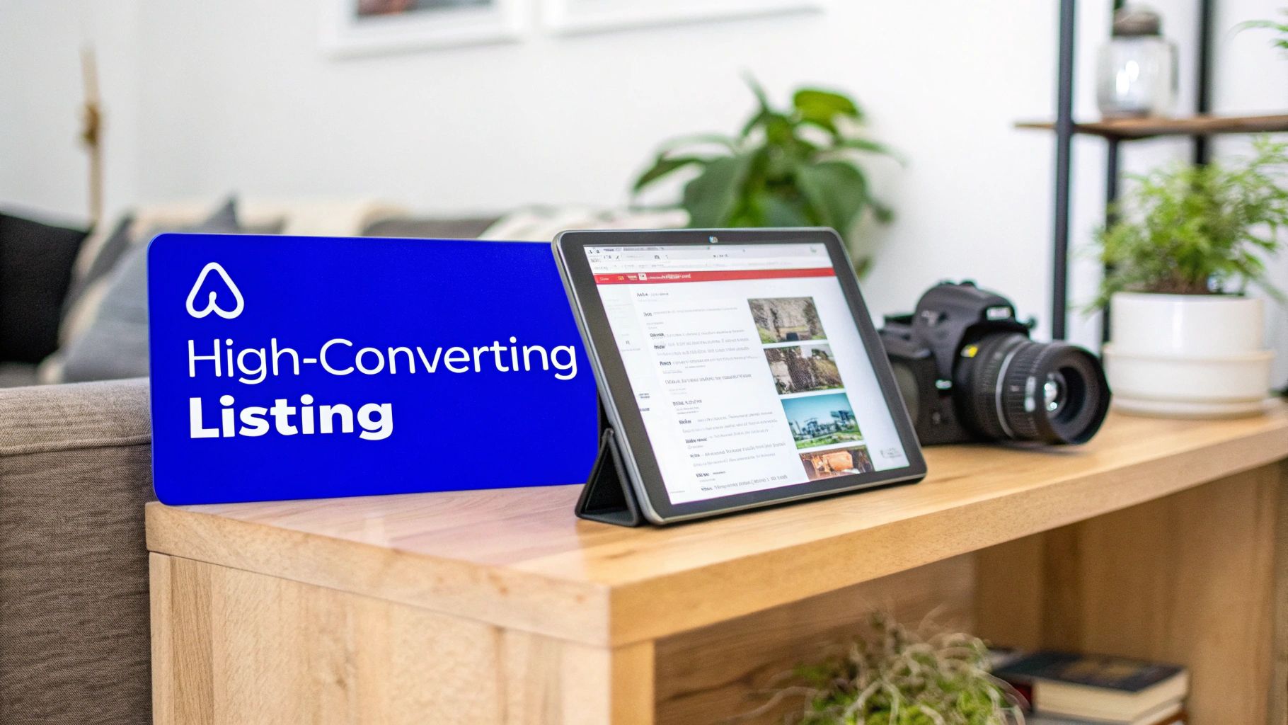 Blue 'High-Converting Listing' sign with Airbnb logo, tablet showing property, and a camera on a wooden table.
