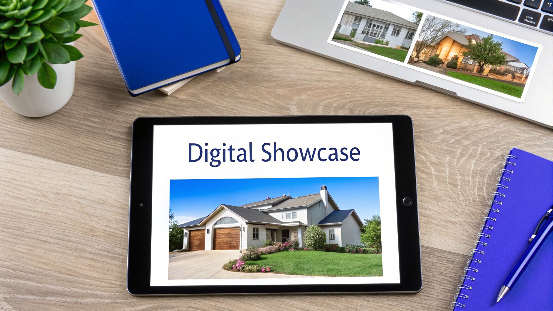 Tablet displaying digital showcase presentation with luxury home photo for real estate marketing