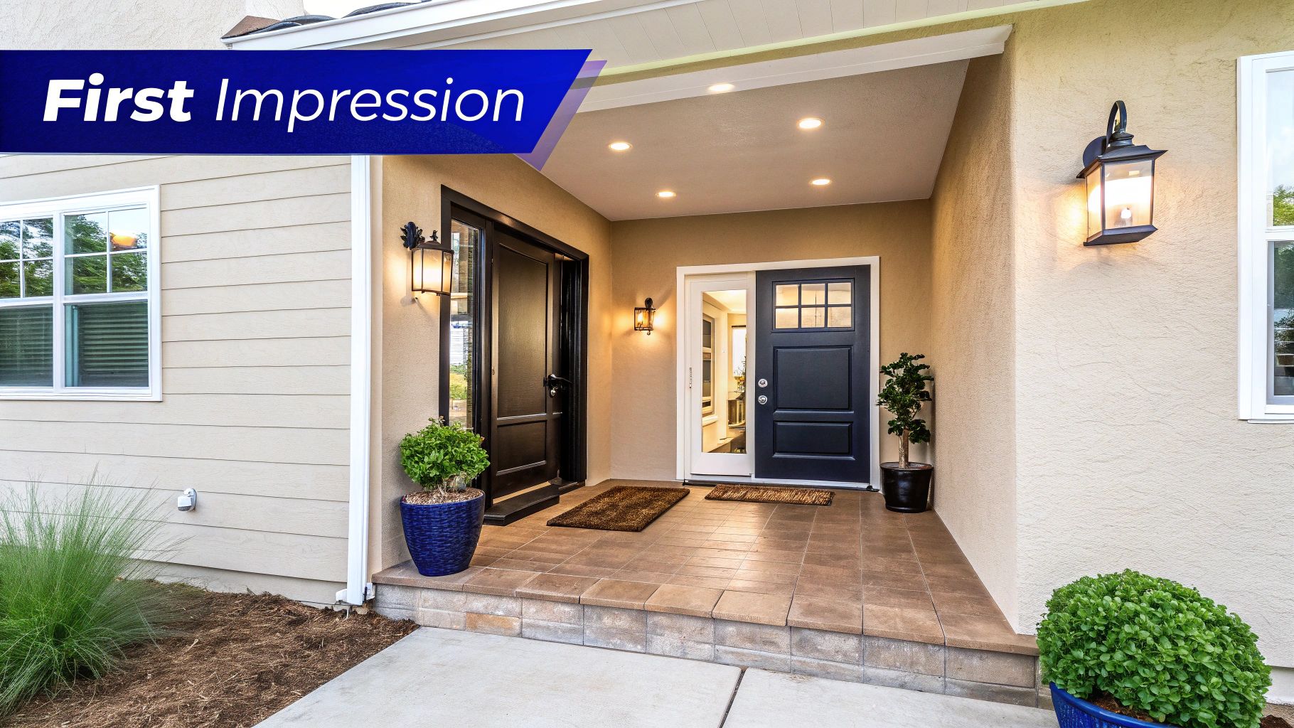 Welcoming covered front porch entrance with modern black door and warm lighting fixtures