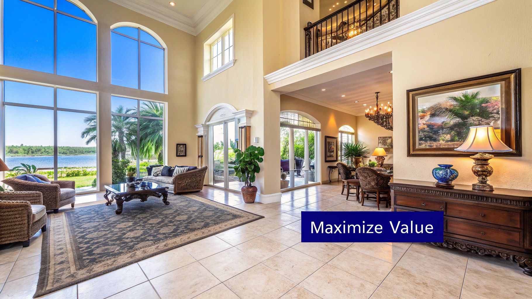 A professionally photographed modern living room with large windows overlooking a pool.