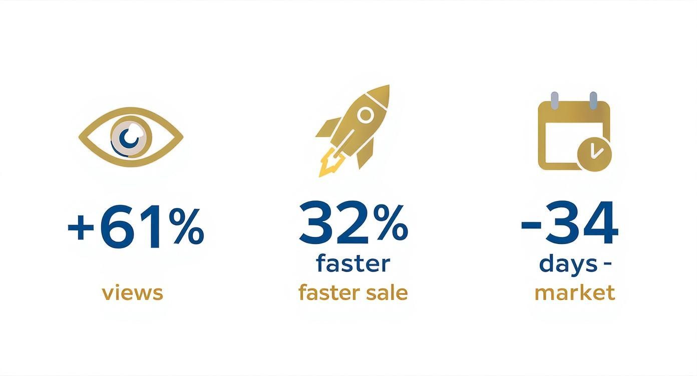 Infographic showing that real estate photography leads to 61% more views, sells 32% faster, and reduces time on market by 34 days