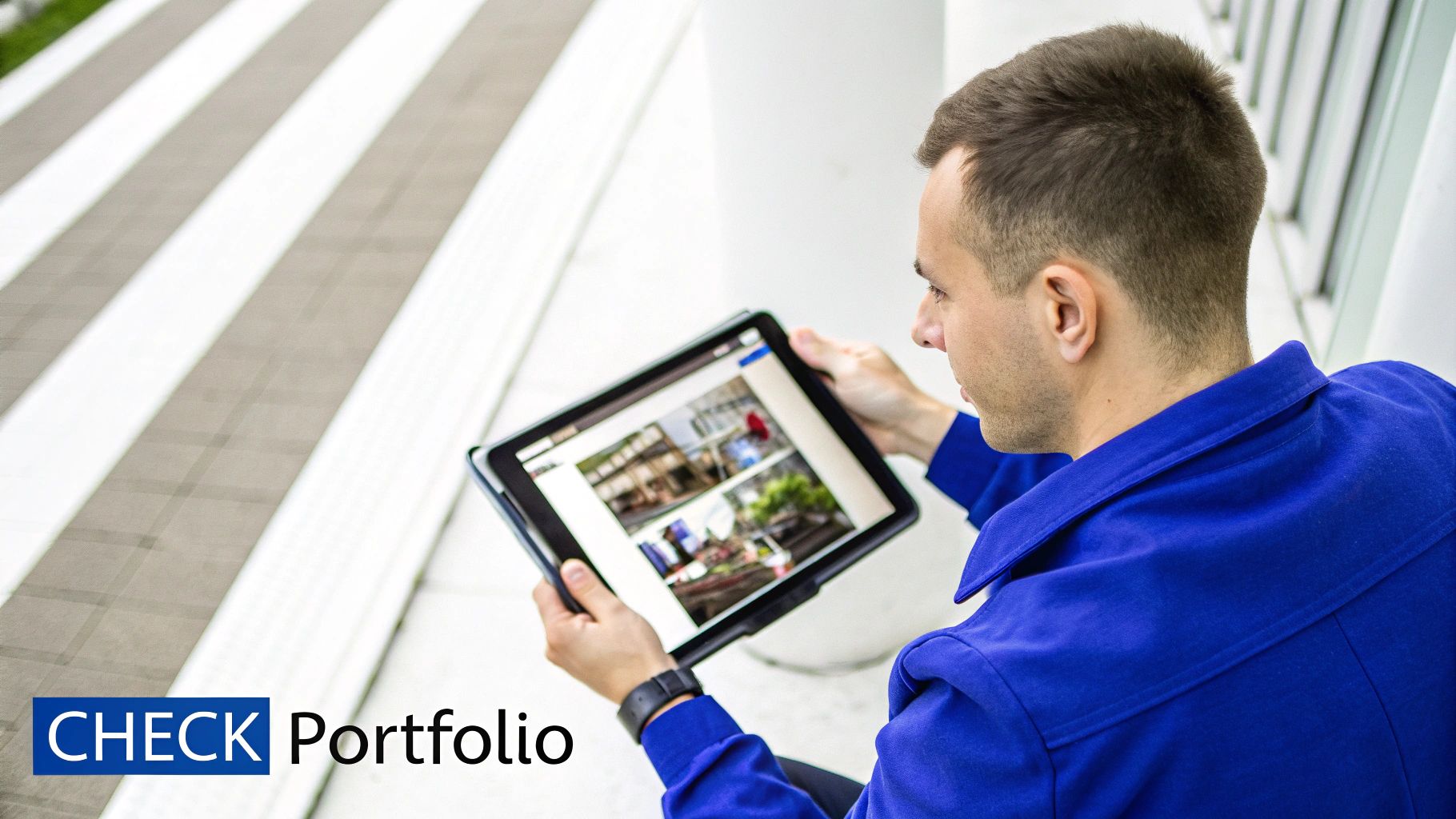 A real estate photographer adjusts their camera on a tripod to capture the perfect shot of a modern living room.