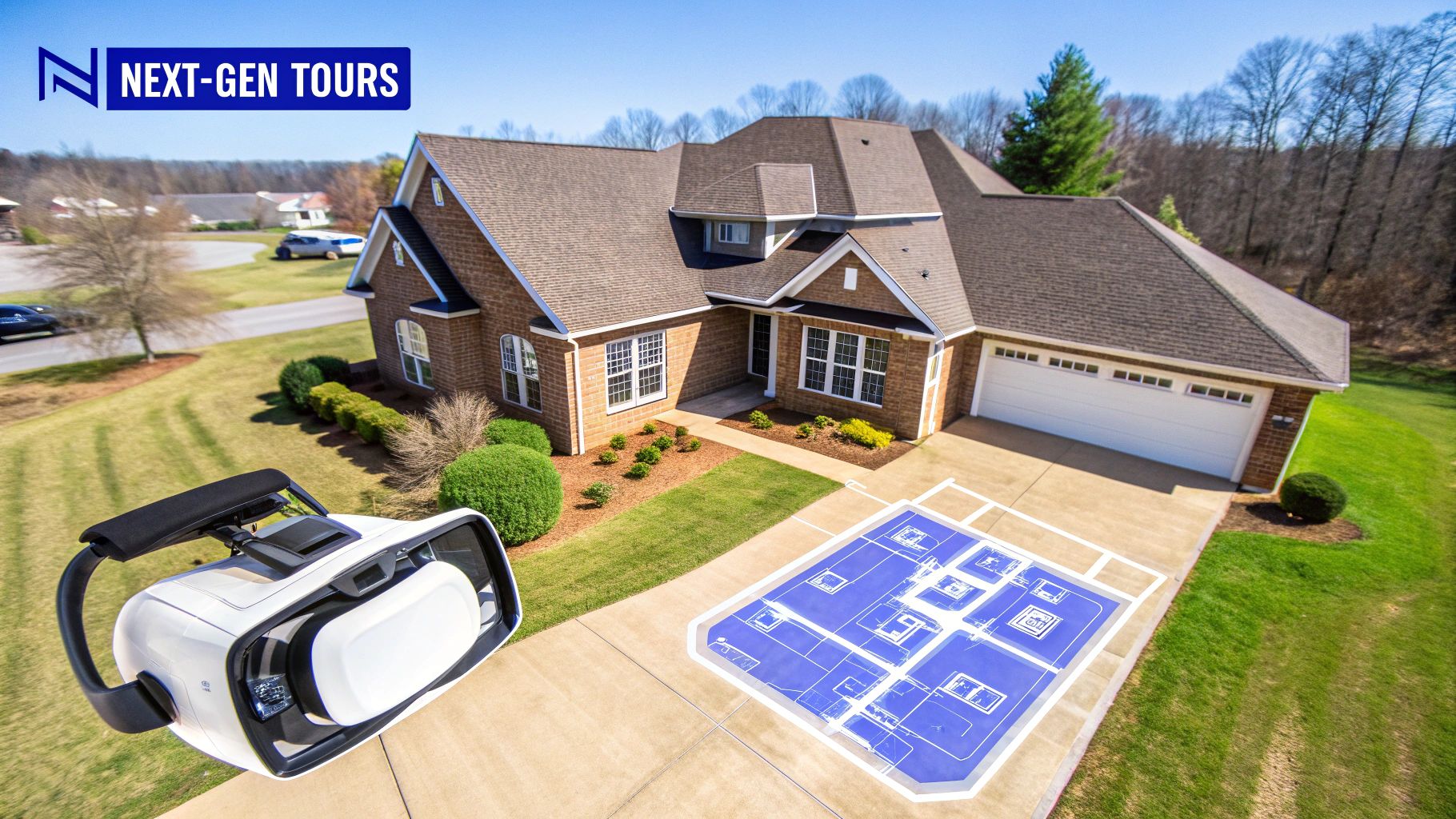 A professional real estate photographer operating a drone to capture aerial shots of a suburban home.
