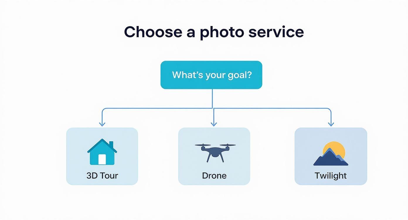 Infographic decision tree to help choose between 3D tours, drone photography, and twilight shoots for real estate marketing.