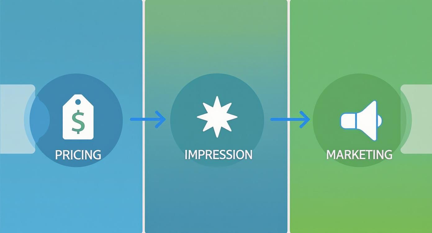 Three-step business process flow showing pricing leading to impression then marketing with icons