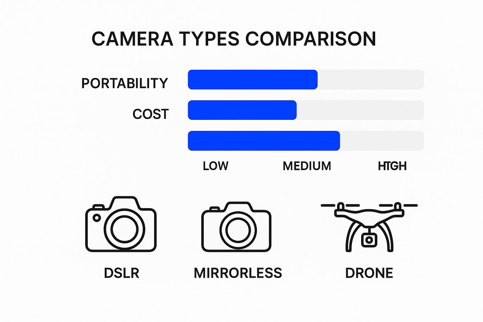 Infographic comparing DSLR, Mirrorless, and Drone cameras on portability and cost.