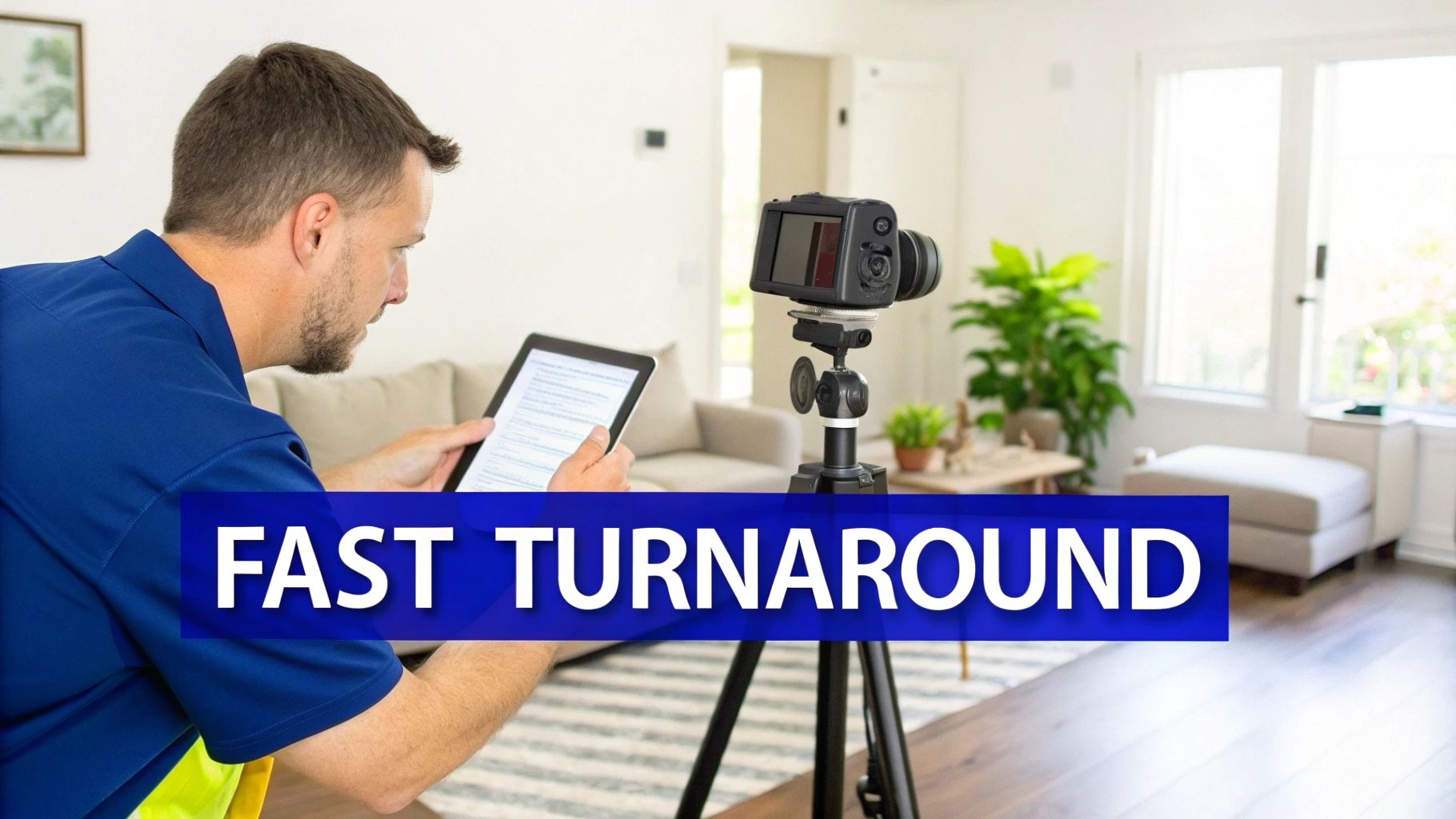 A man in a blue shirt uses a tablet next to a camera on a tripod for a virtual tour.
