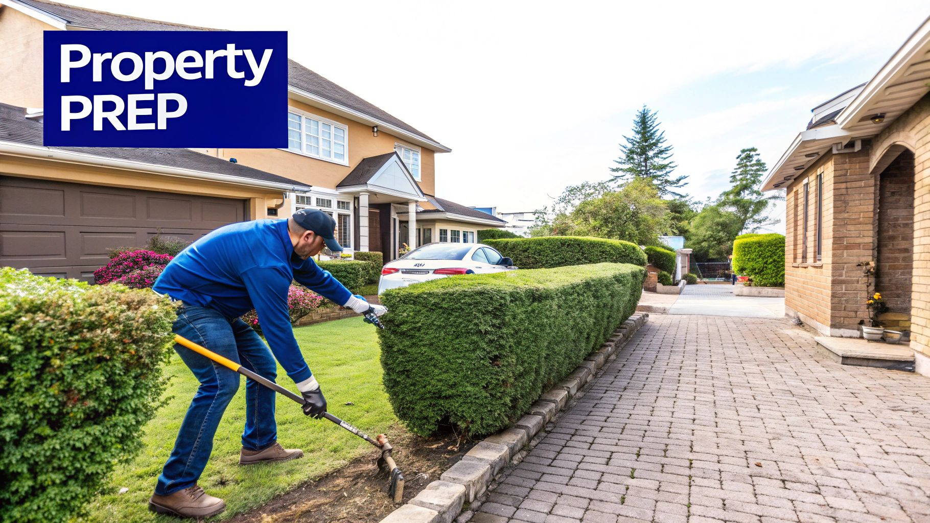A manicured lawn and clean exterior of a house, ready for a real estate photoshoot.