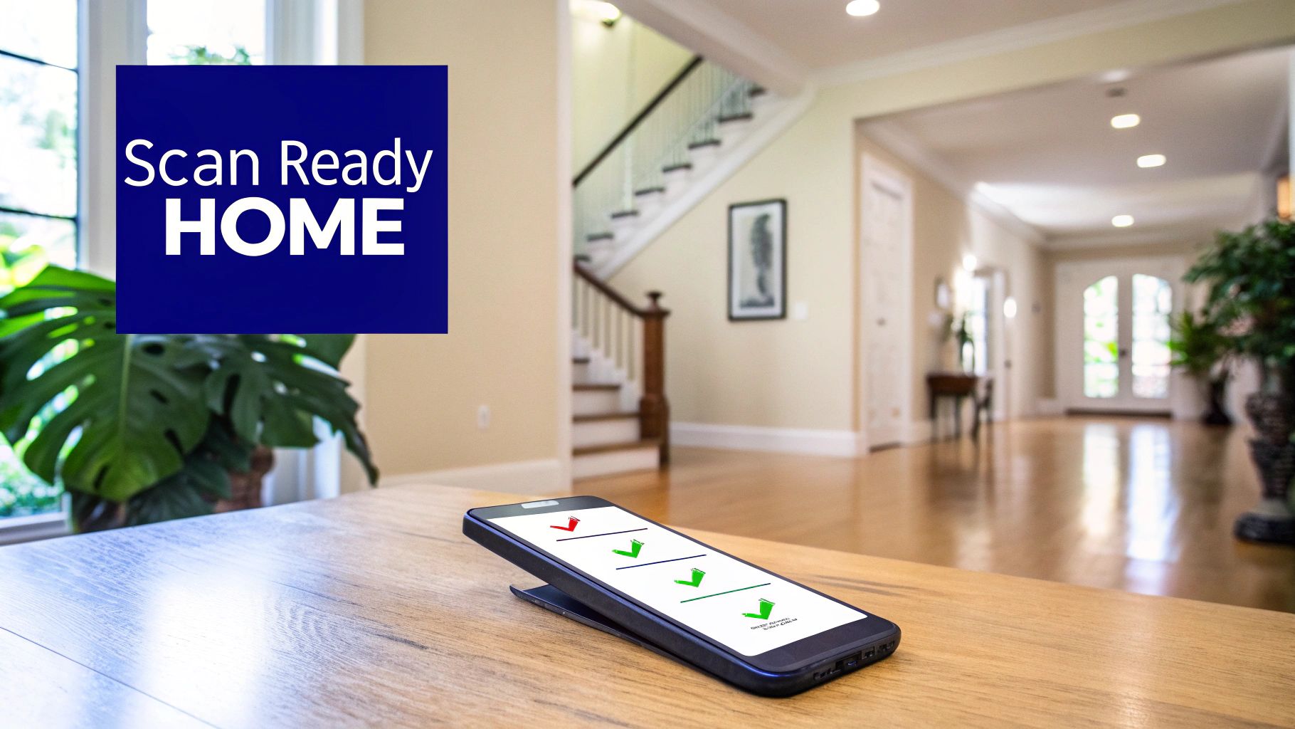 A smartphone on a wooden table displays checkmarks, with a "Scan Ready HOME" sign in a modern house interior.