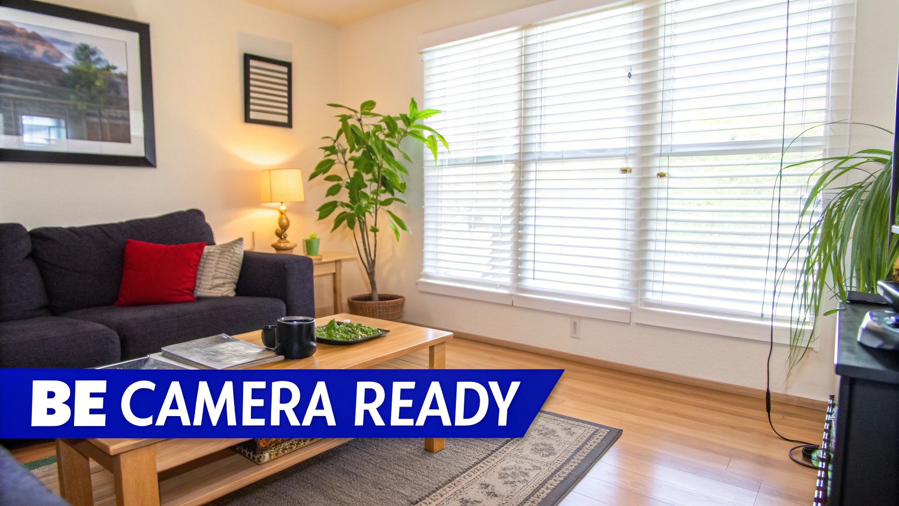 A bright and clean living room with staged furniture, prepared for a professional real estate photoshoot.