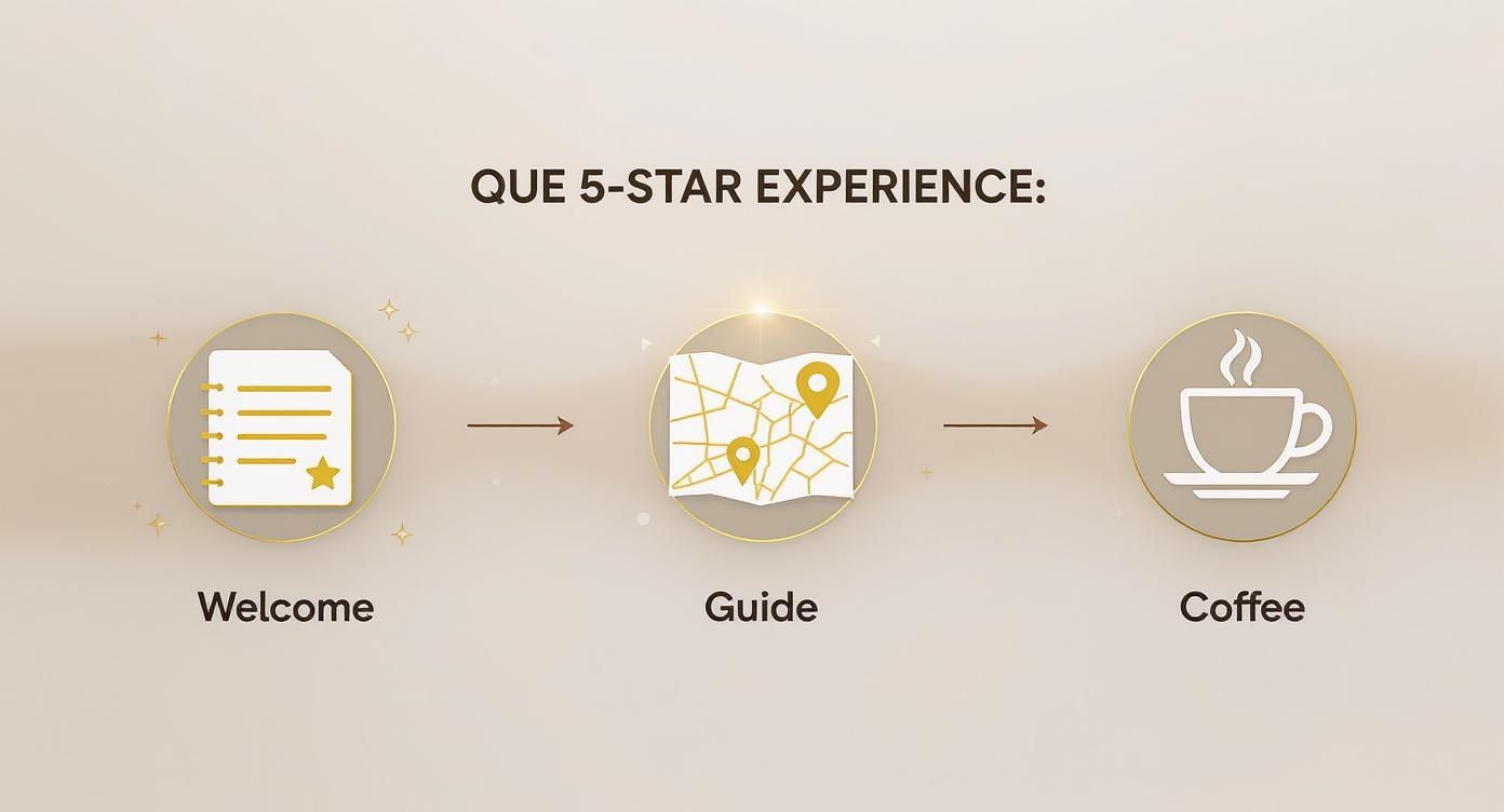 Diagram shows a QUE 5-STAR EXPERIENCE flow with three stages: Welcome, Guide, and Coffee.
