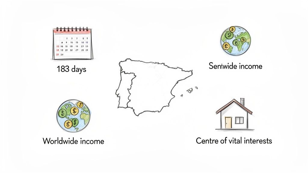 Image illustrating Spain's tax residency criteria: 183 days, Sentwide income, Worldwide income, and vital interests.