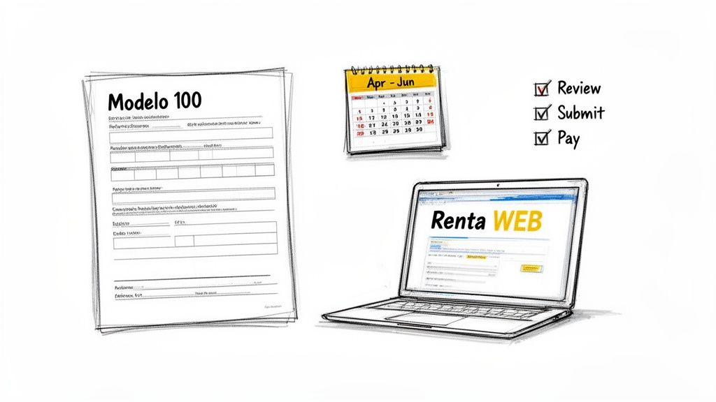 Illustration of the Spanish income tax process with Modelo 100, Renta WEB, and filing steps.