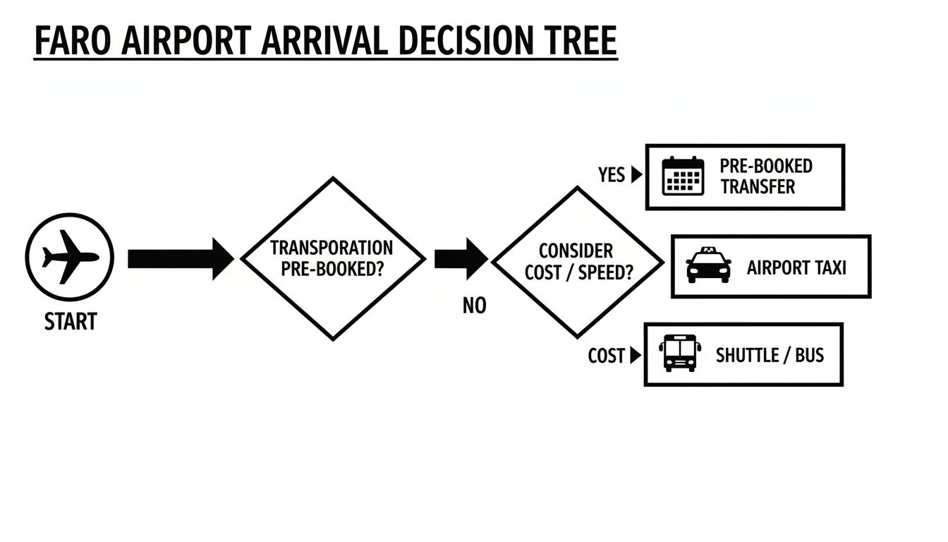 A decision tree diagram illustrating Faro Airport arrival transportation choices: pre-booked, taxi, or shuttle/bus.