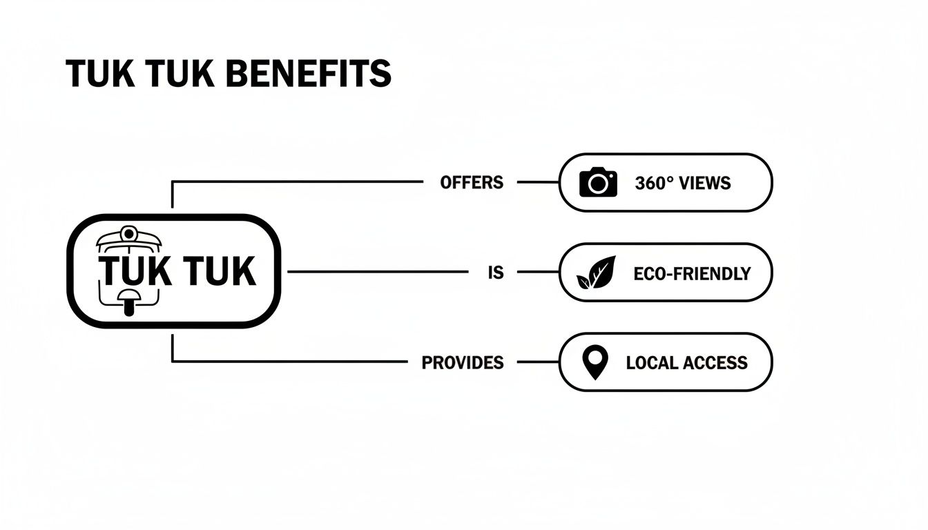 A diagram outlining Tuk Tuk benefits: offering 360-degree views, being eco-friendly, and providing local access.