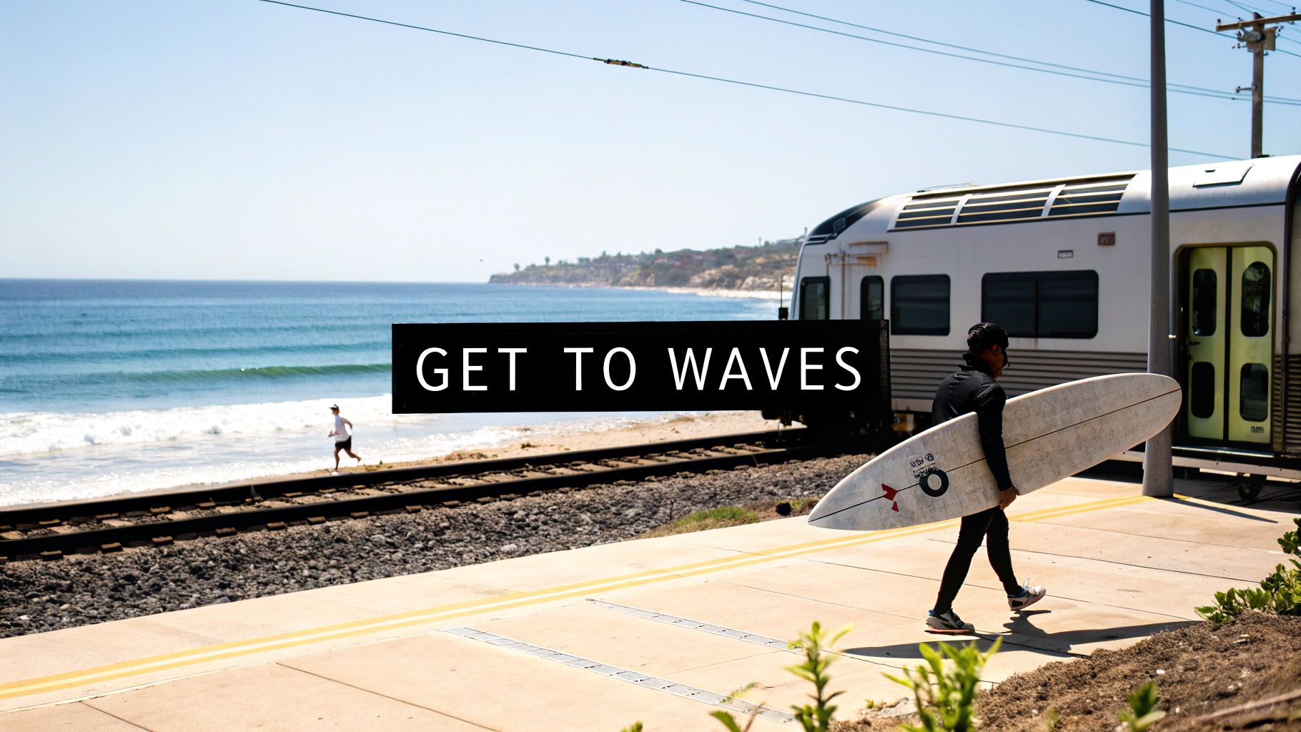 Train on the Cascais Line with views of the ocean and surf breaks