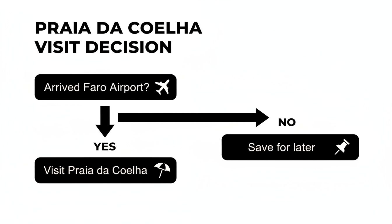 Flowchart illustrating the decision process for visiting Praia da Coelha beach.