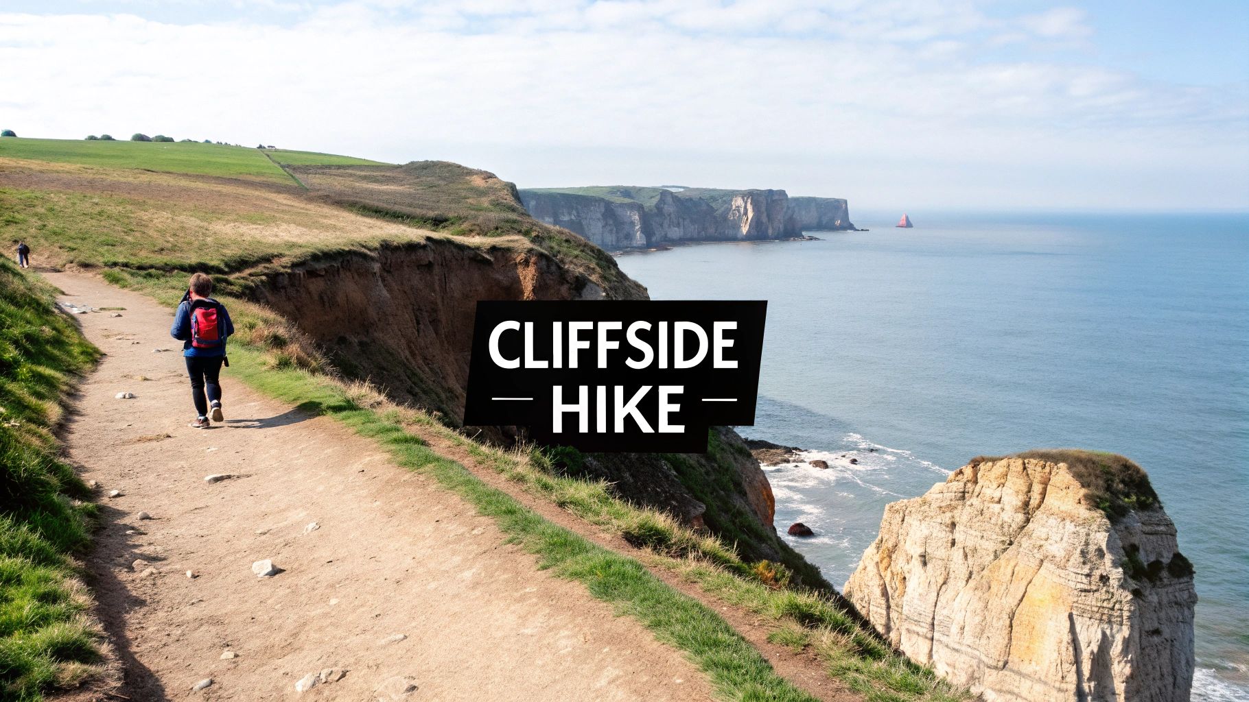 A hiker walks along a coastal path on a cliff overlooking the ocean, with distant white cliffs.