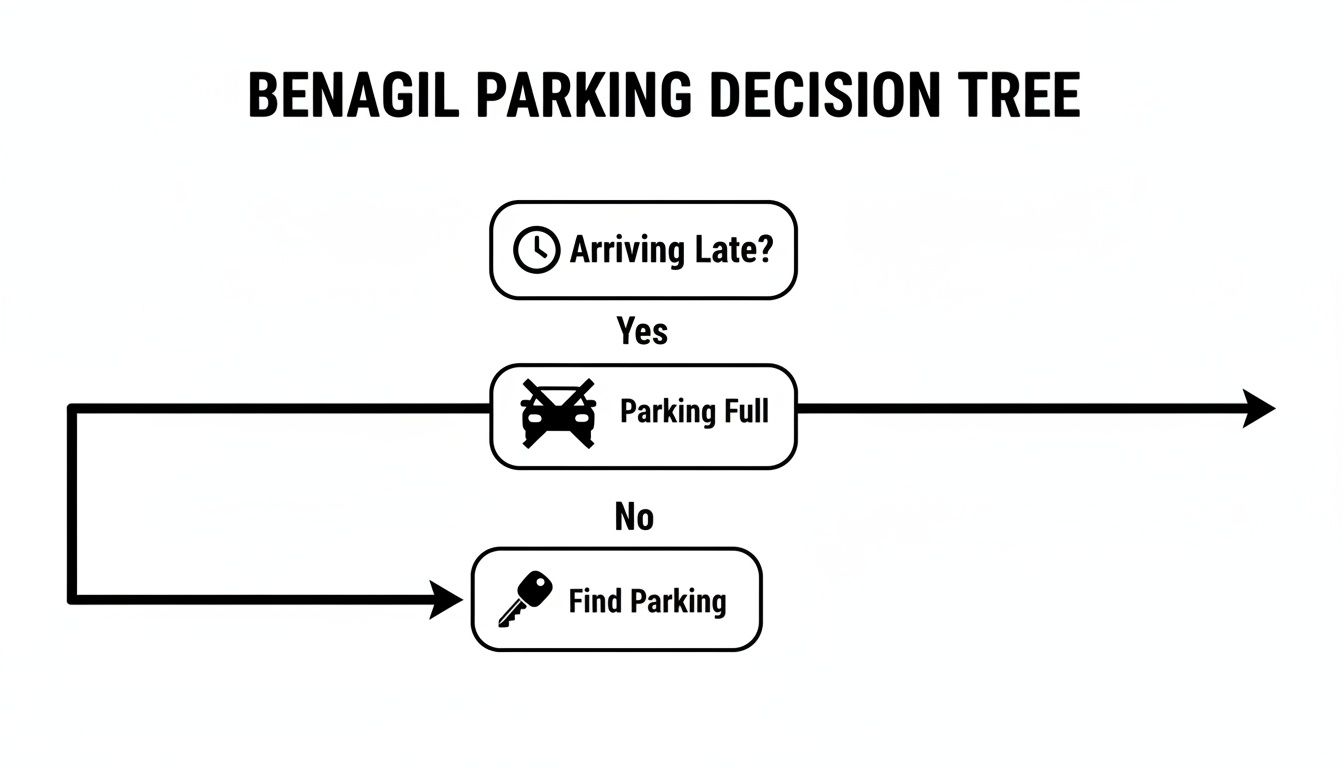 A Benagil parking decision tree flowchart, guiding tourists on finding parking based on arrival time.