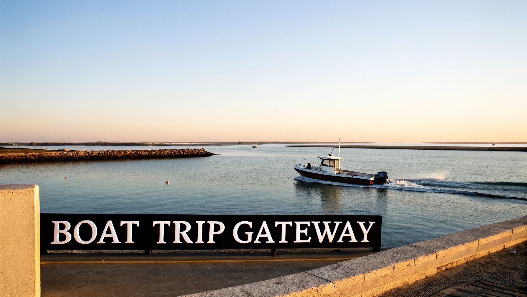 A motorboat cruises on calm water at sunset, passing a sign that reads 'BOAT TRIP GATEWAY'.