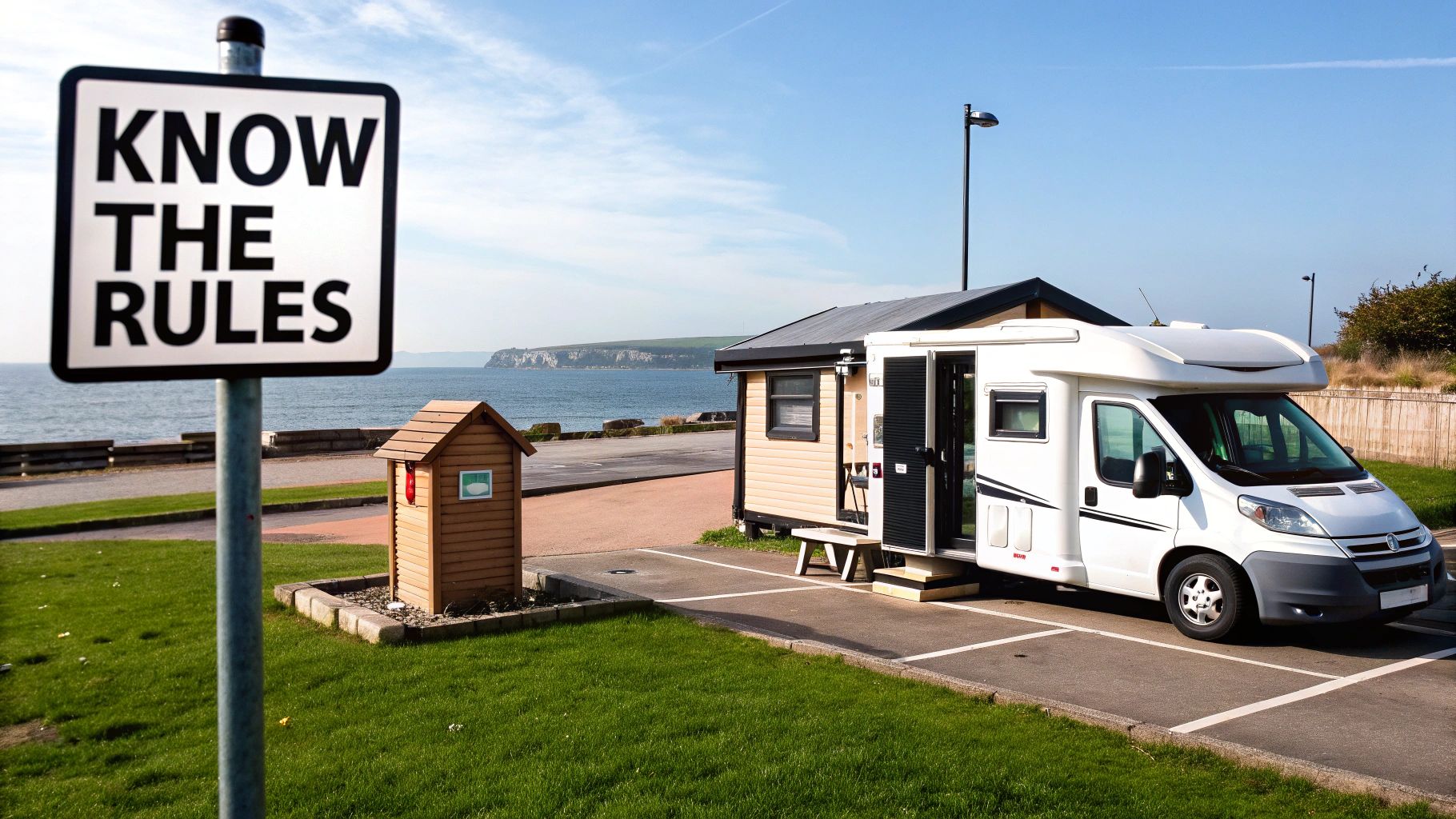 A white campervan and a small wooden shed at a seaside campsite, with a 'KNOW THE RULES' sign.
