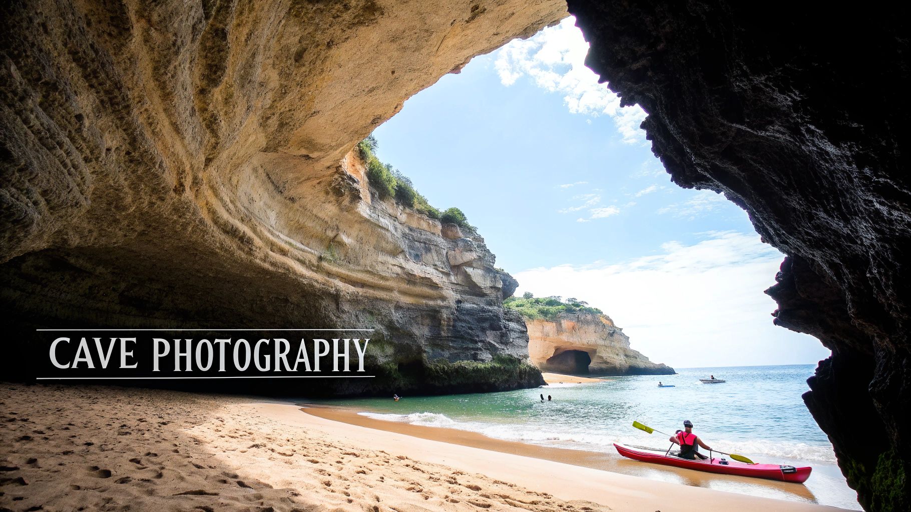 A person in a red kayak on a sandy beach inside a huge sea cave with cliffs and ocean outside.