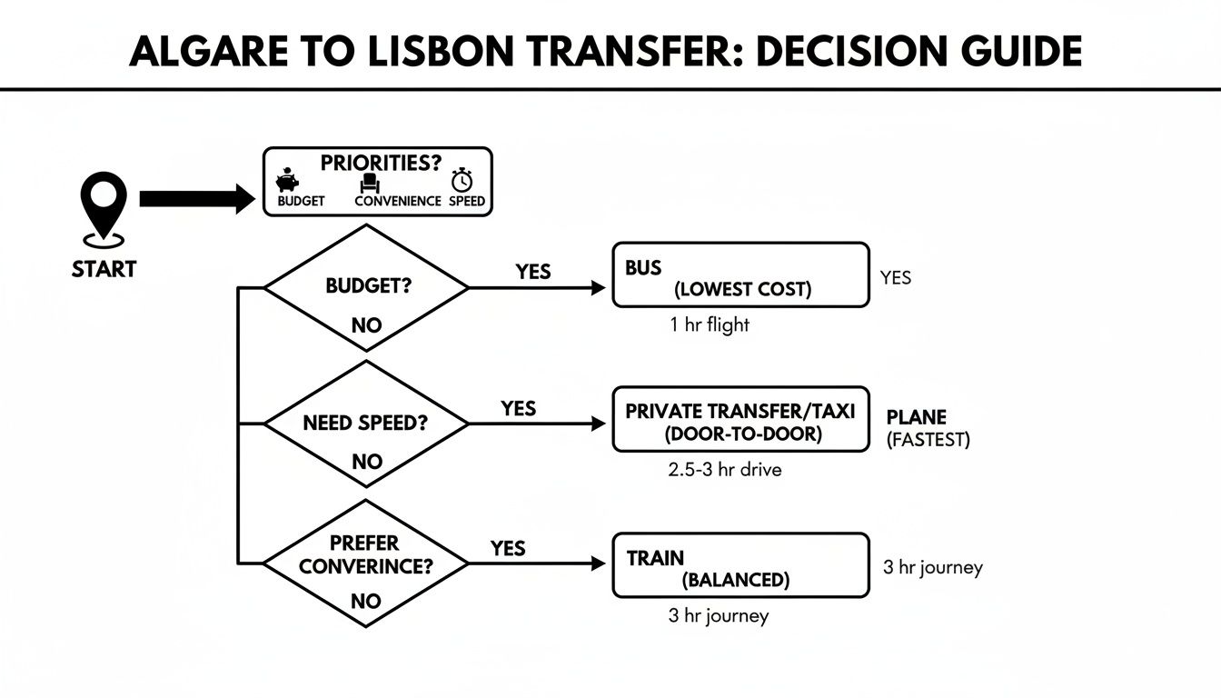 Decision guide flowchart for transfer options from Algarve to Lisbon, comparing bus, taxi, and train.
