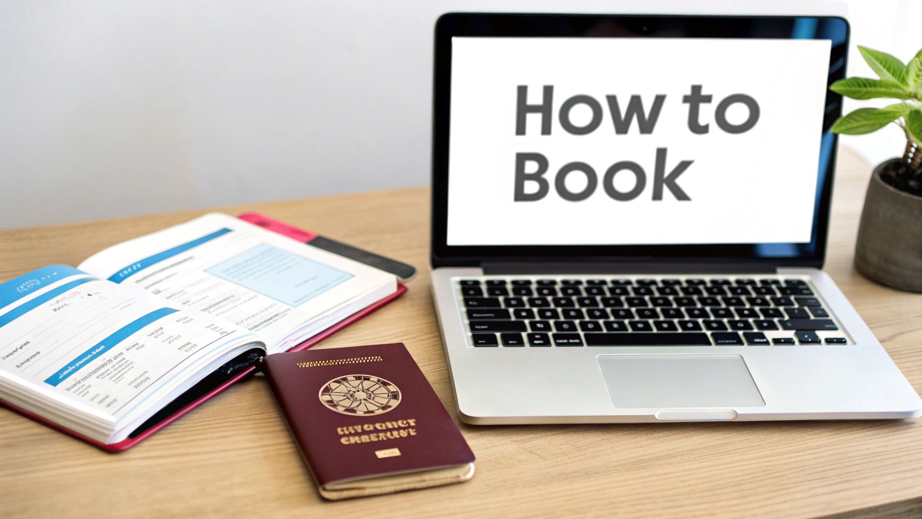 A laptop displaying 'How to Book' next to an open planner and a passport on a desk.