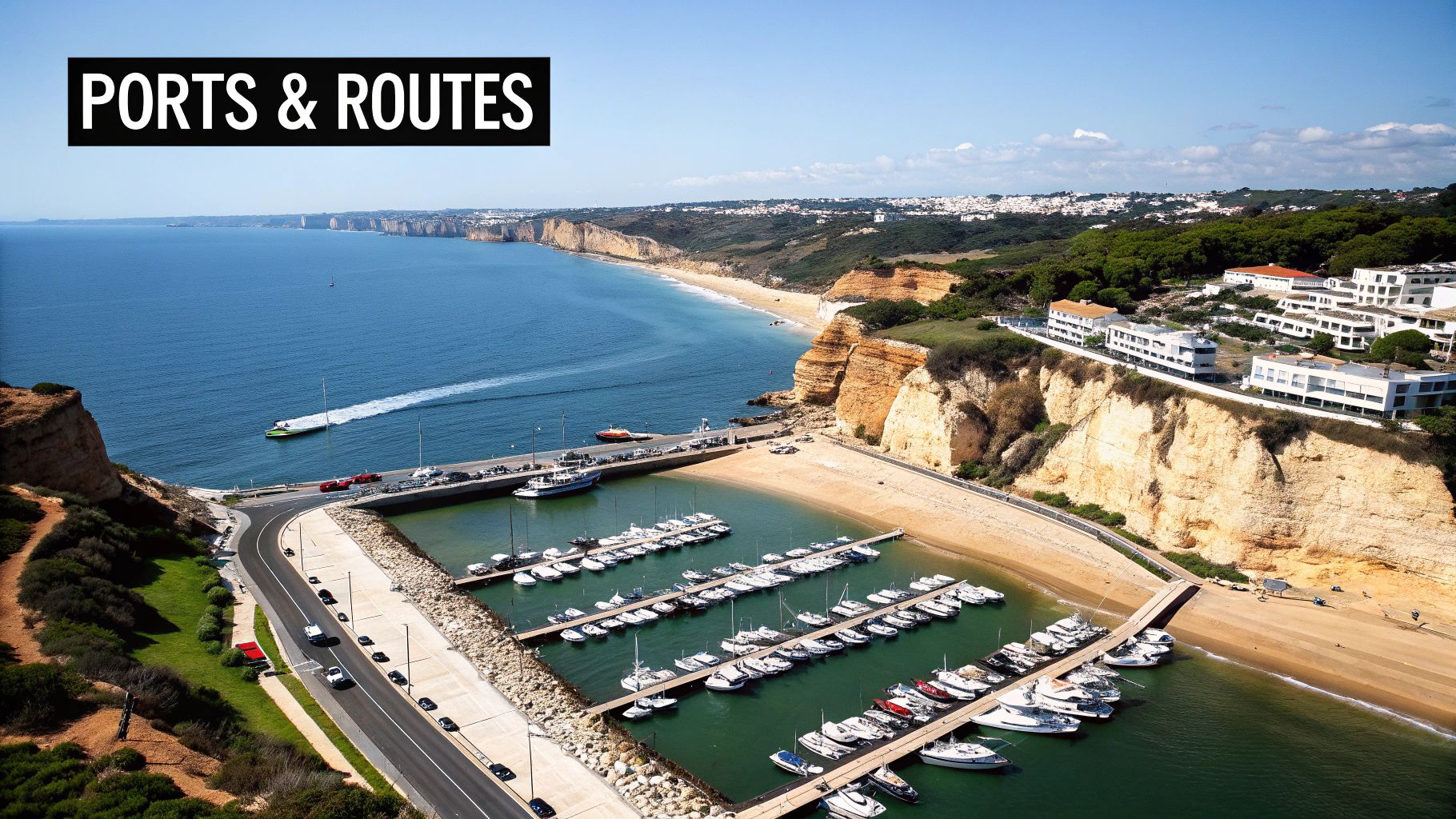An aerial view of a vibrant marina filled with boats, a sandy beach, and towering cliffs under a clear sky.