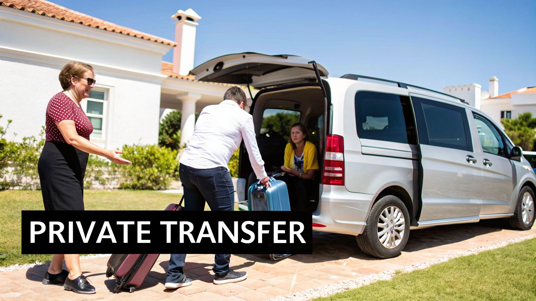 A group of people loading suitcases into a silver private transfer minivan in front of a white house.