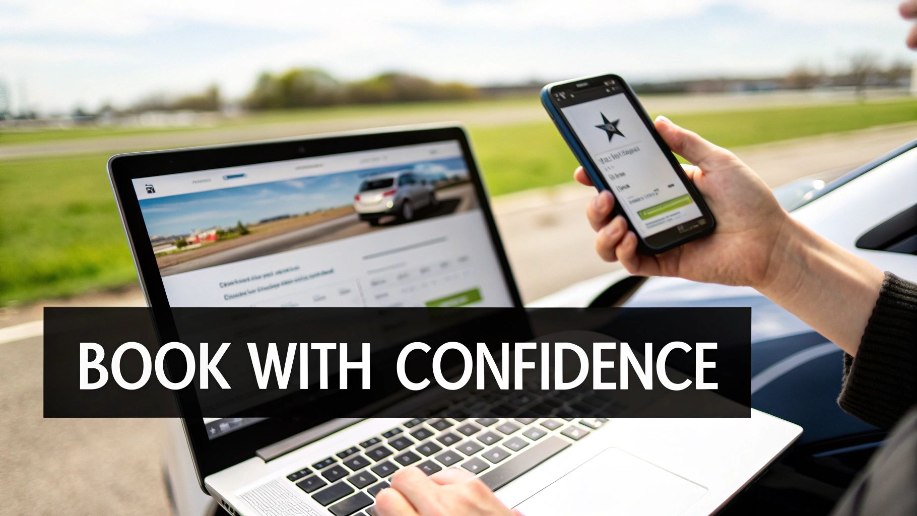 A person confidently booking airport transfers on a laptop and smartphone, emphasizing digital convenience.