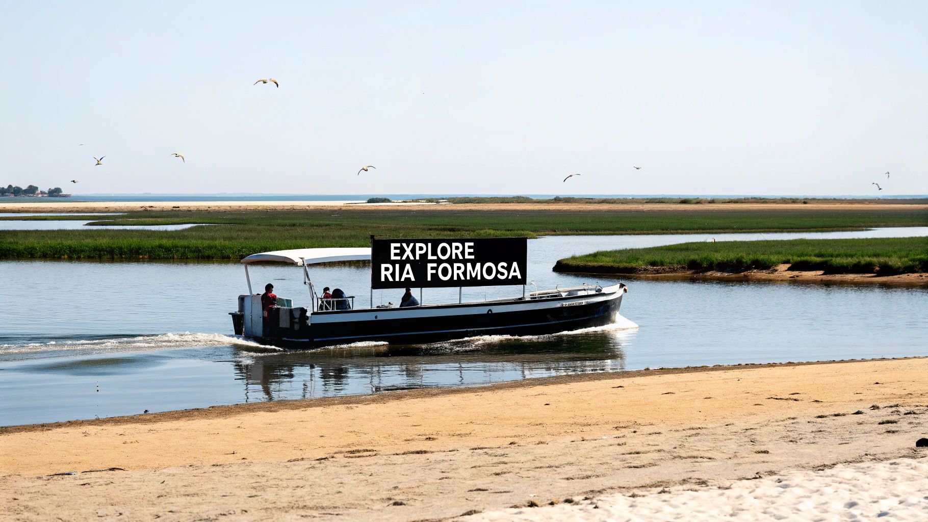 A boat with an "EXPLORE RIA FORMOSA" sign moves through calm waters with marshlands, beach, and seagulls.