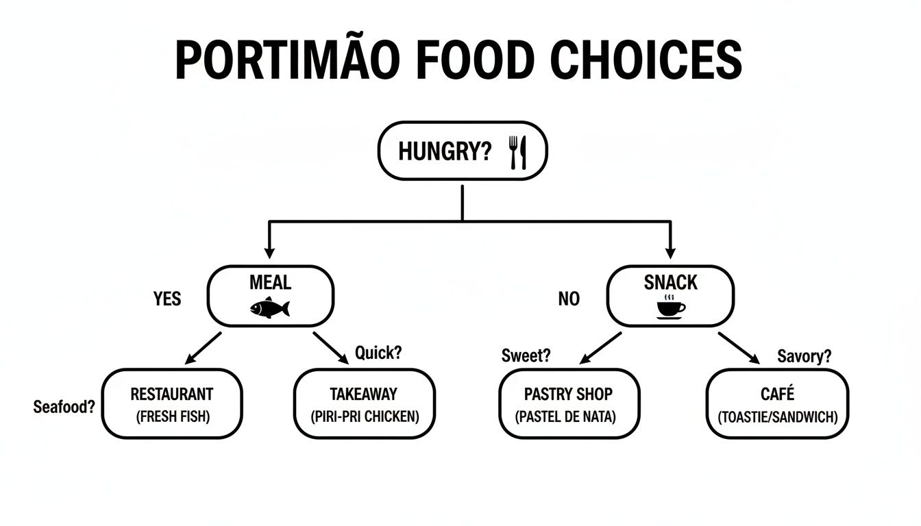A flowchart titled 'Portimão Food Choices' guides users from being hungry to selecting meals or snacks.