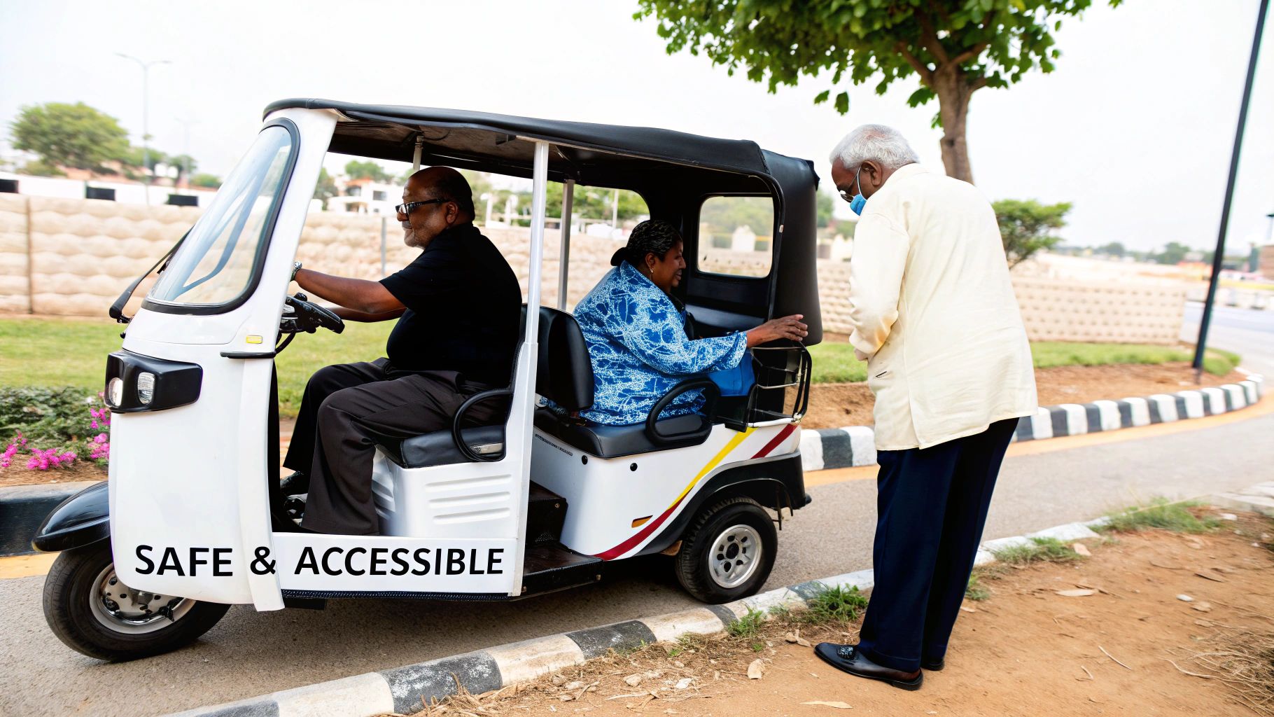 Elderly people interacting with an electric tuk-tuk labeled 'SAFE & ACCESSIBLE' on a sunny road.