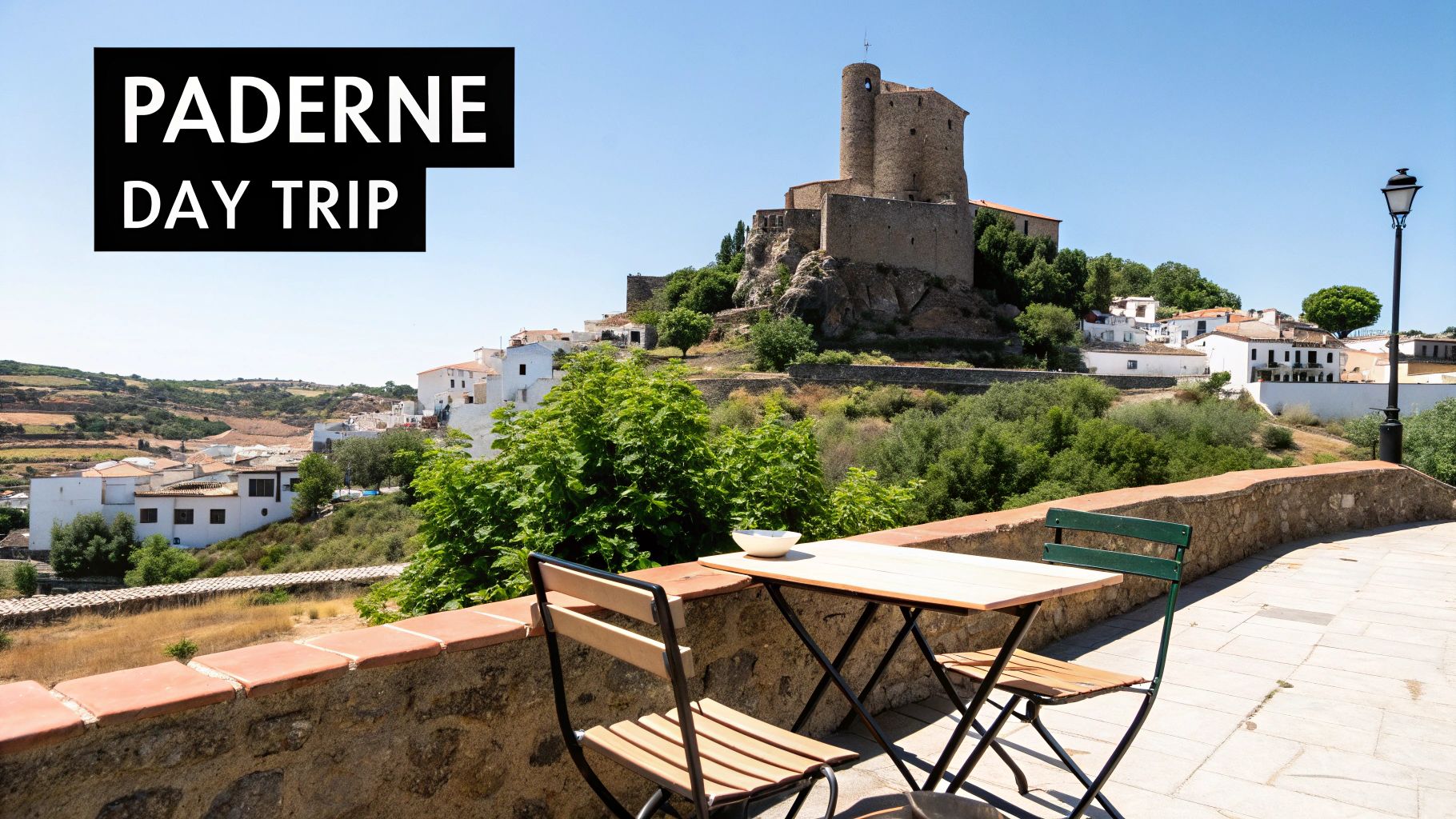 A scenic view of Padern village with a historic castle on a hill, an outdoor cafe table in the foreground.