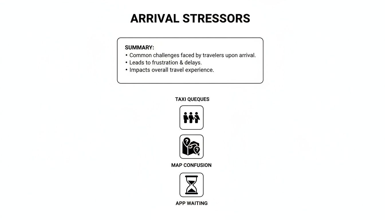 A diagram illustrating common arrival stressors for travelers, including taxi queues, map confusion, and app waiting.