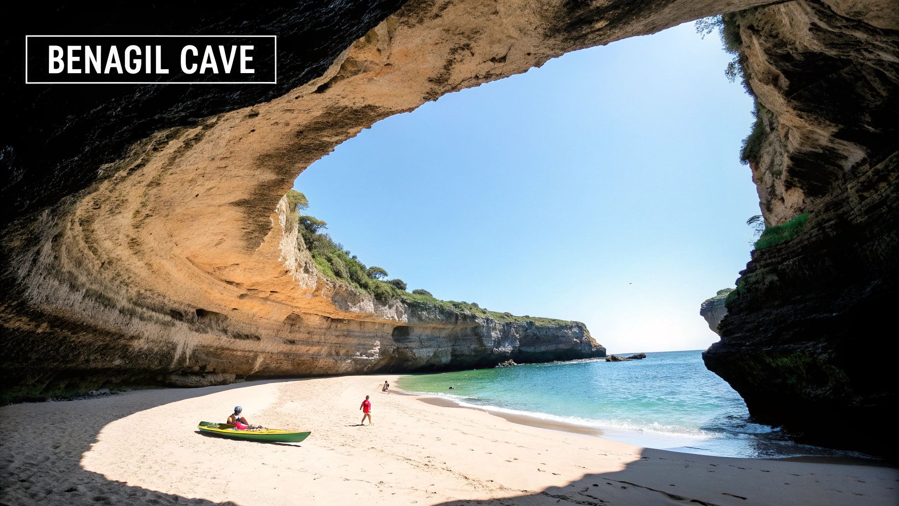 Benagil Cave beach with turquoise water, sandy shore, and dramatic limestone archway opening