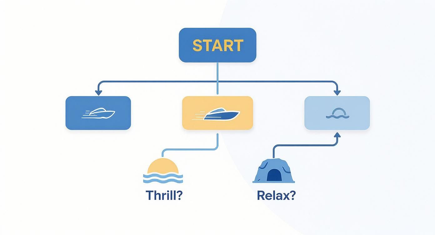 A flowchart showing boat tour options: start, fast boat, regular boat, and calm water, with choices for thrill or relaxation.