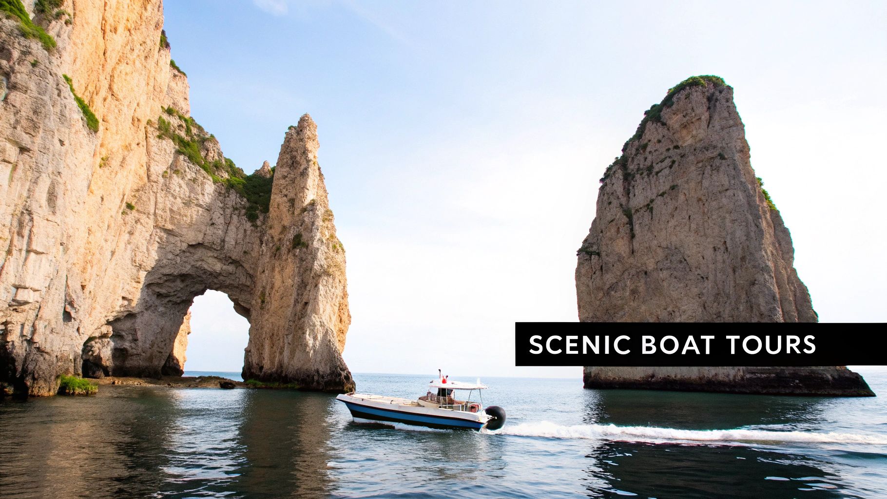 Scenic boat tour through dramatic limestone rock formations and natural arch along Algarve coastline