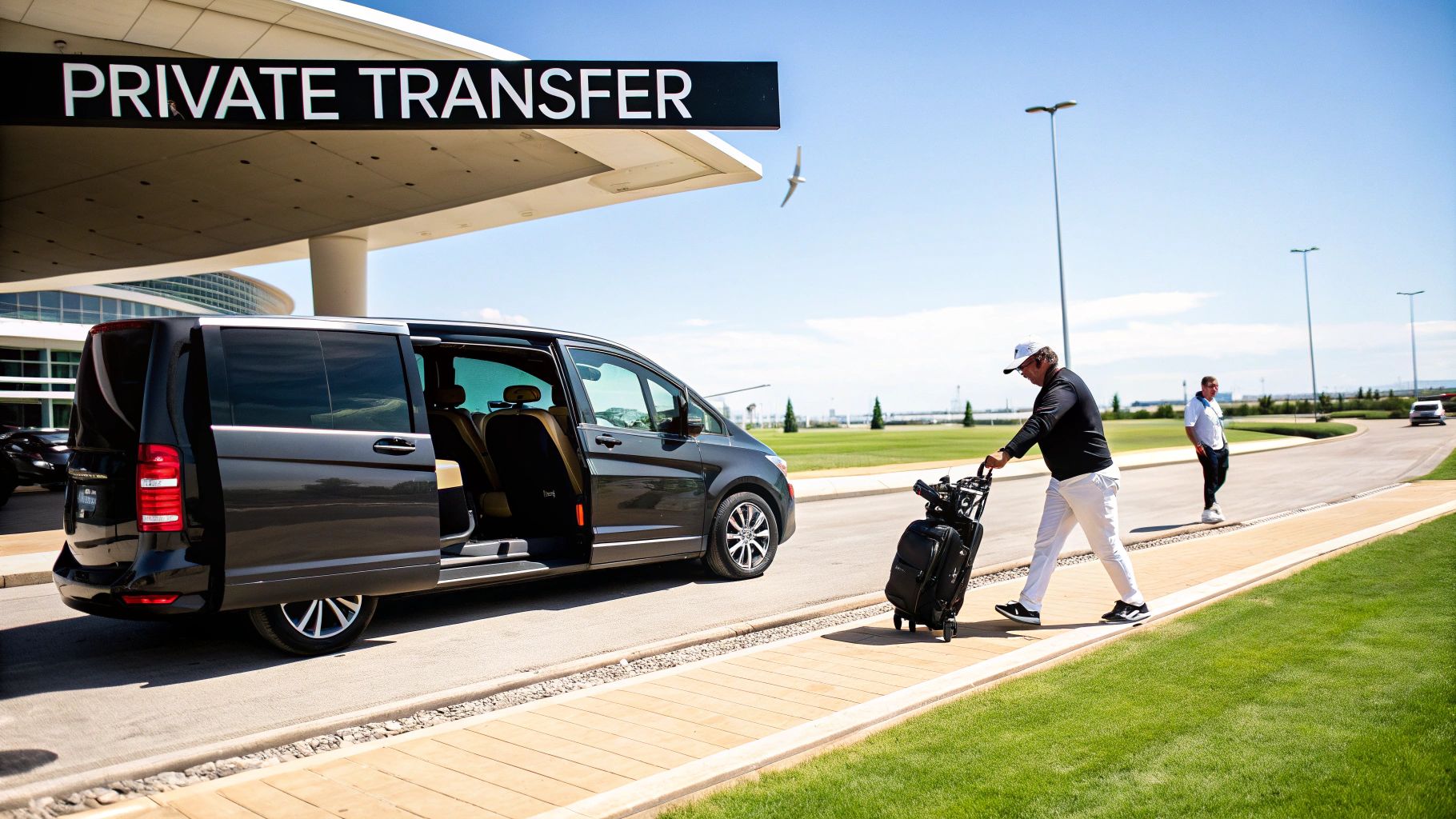 Two men with golf bags preparing for a private transfer into a dark grey minivan.