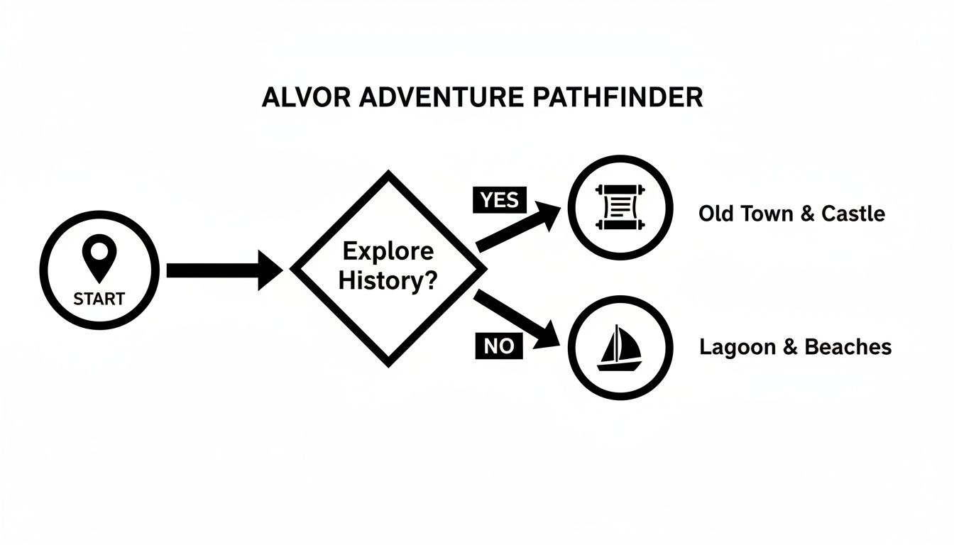 A flowchart titled 'Alvor Adventure Pathfinder' guiding decisions between exploring history or nature.