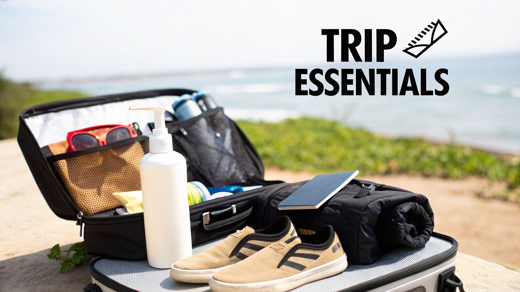A person packing a bag for a trip with travel essentials laid out on a bed.
