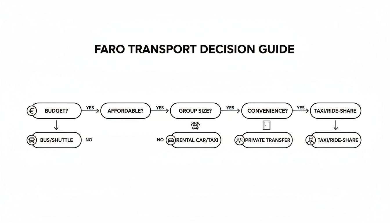 Flowchart illustrating Faro airport transport options based on budget, group size, and convenience decisions.