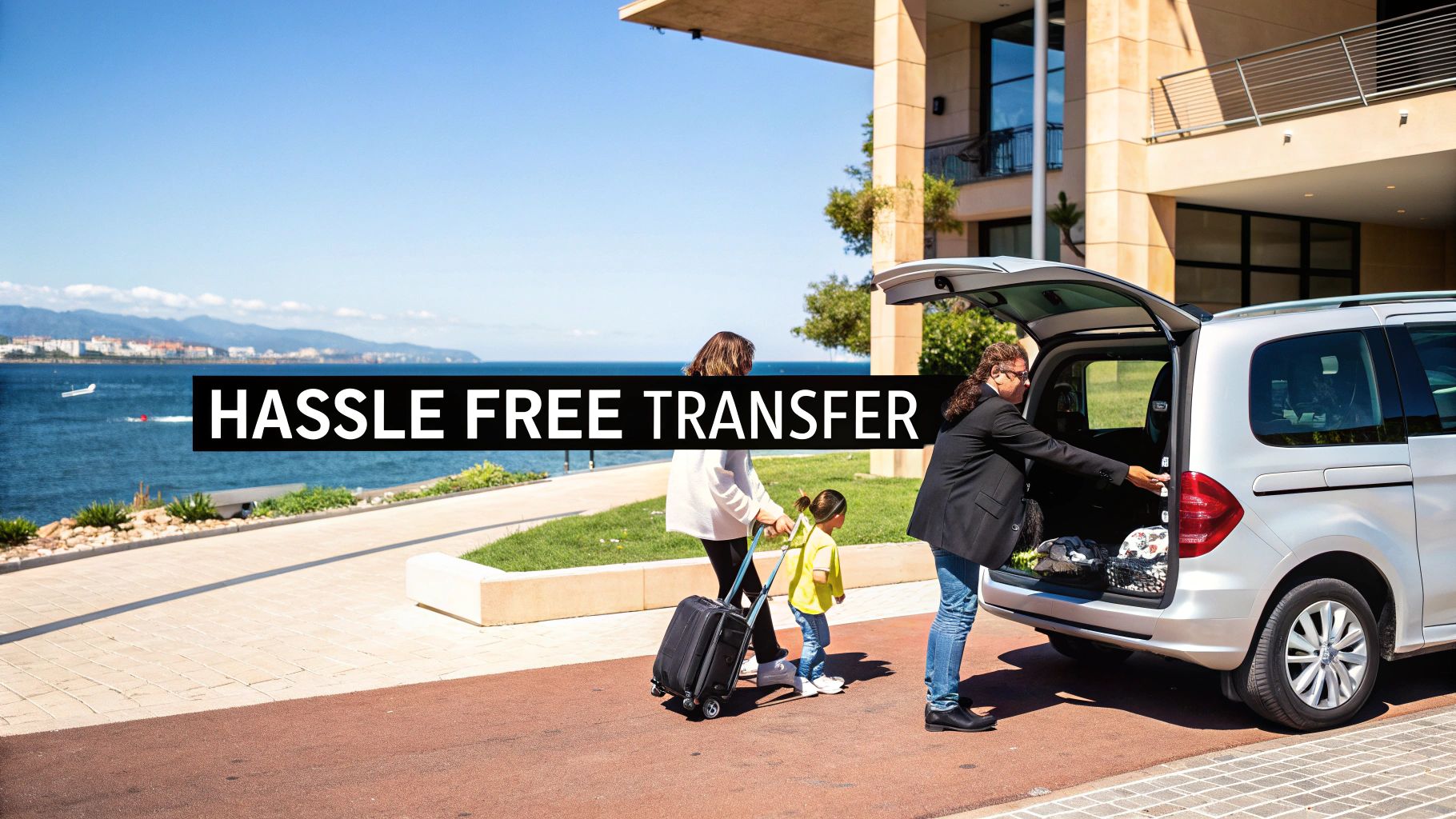 A family with a child loading luggage into a silver van for a hassle-free transfer by the sea.